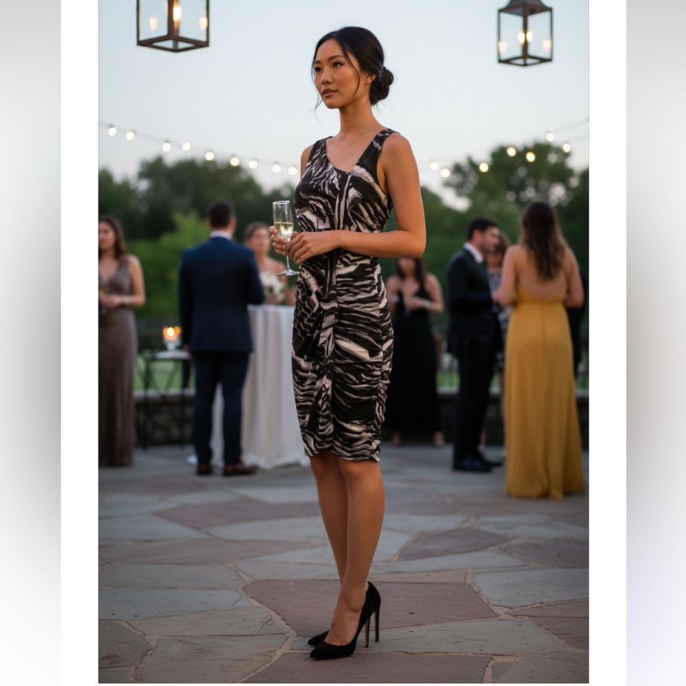 Enfocus Studio Black and White Asymmetrical Ruched Cocktail Dress